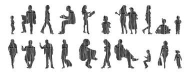 Vektör siluetleri, insanların ana hatları, Contour çizimleri, insanların siluetleri, ikon kümesi izole edilmiş, oturan insanların silueti, mimari set