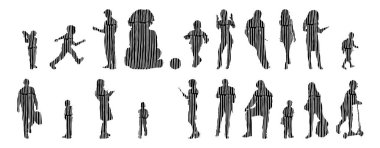 Vektör siluetleri, insanların ana hatları, Contour çizimleri, insanların siluetleri, ikon kümesi izole edilmiş, oturan insanların silueti, mimari set