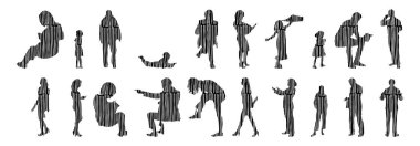 Vektör siluetleri, insanların ana hatları, Contour çizimleri, insanların siluetleri, ikon kümesi izole edilmiş, oturan insanların silueti, mimari set