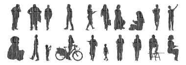 Vektör siluetleri, insanların ana hatları, Contour çizimleri, insanların siluetleri, ikon kümesi izole edilmiş, oturan insanların silueti, mimari set