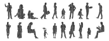 Vektör siluetleri, insanların ana hatları, Contour çizimleri, insanların siluetleri, ikon kümesi izole edilmiş, oturan insanların silueti, mimari set