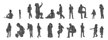 Vektör siluetleri, insanların ana hatları, Contour çizimleri, insanların siluetleri, ikon kümesi izole edilmiş, oturan insanların silueti, mimari set