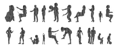 Vektör siluetleri, insanların ana hatları, Contour çizimleri, insanların siluetleri, ikon kümesi izole edilmiş, oturan insanların silueti, mimari set