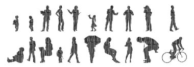 Vektör siluetleri, insanların ana hatları, Contour çizimleri, insanların siluetleri, ikon kümesi izole edilmiş, oturan insanların silueti, mimari set