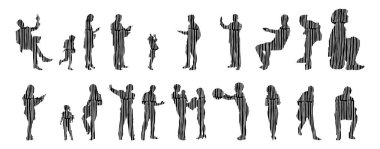 Vektör siluetleri, insanların ana hatları, Contour çizimleri, insanların siluetleri, ikon kümesi izole edilmiş, oturan insanların silueti, mimari set