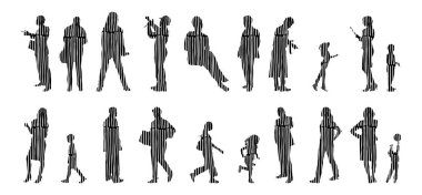 Vektör siluetleri, insanların ana hatları, Contour çizimleri, insanların siluetleri, ikon kümesi izole edilmiş, oturan insanların silueti, mimari set