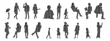 Vektör siluetleri, insanların ana hatları, Contour çizimleri, insanların siluetleri, ikon kümesi izole edilmiş, oturan insanların silueti, mimari set