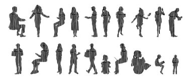 Vektör siluetleri, insanların ana hatları, Contour çizimleri, insanların siluetleri, ikon kümesi izole edilmiş, oturan insanların silueti, mimari set