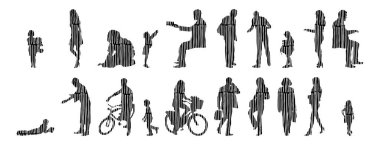 Vektör siluetleri, insanların ana hatları, Contour çizimleri, insanların siluetleri, ikon kümesi izole edilmiş, oturan insanların silueti, mimari set