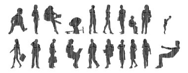 Vektör siluetleri, insanların ana hatları, Contour çizimleri, insanların siluetleri, ikon kümesi izole edilmiş, oturan insanların silueti, mimari set