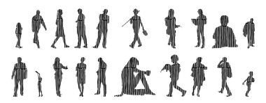 Vektör siluetleri, insanların ana hatları, Contour çizimleri, insanların siluetleri, ikon kümesi izole edilmiş, oturan insanların silueti, mimari set