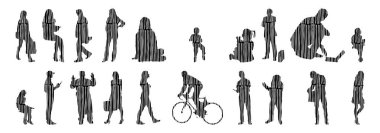 Vektör siluetleri, insanların ana hatları, Contour çizimleri, insanların siluetleri, ikon kümesi izole edilmiş, oturan insanların silueti, mimari set