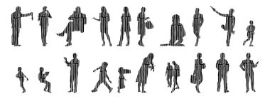 Vektör siluetleri, insanların ana hatları, Contour çizimleri, insanların siluetleri, ikon kümesi izole edilmiş, oturan insanların silueti, mimari set