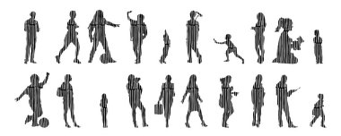 Vektör siluetleri, insanların ana hatları, Contour çizimleri, insanların siluetleri, ikon kümesi izole edilmiş, oturan insanların silueti, mimari set