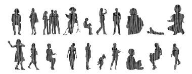 Vektör siluetleri, insanların ana hatları, Contour çizimleri, insanların siluetleri, ikon kümesi izole edilmiş, oturan insanların silueti, mimari set