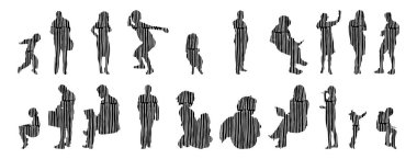 Vektör siluetleri, insanların ana hatları, Contour çizimleri, insanların siluetleri, ikon kümesi izole edilmiş, oturan insanların silueti, mimari set