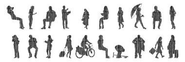 Vektör siluetleri, insanların ana hatları, Contour çizimleri, insanların siluetleri, ikon kümesi izole edilmiş, oturan insanların silueti, mimari set