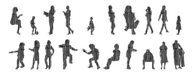 Vektör siluetleri, insanların ana hatları, Contour çizimleri, insanların siluetleri, ikon kümesi izole edilmiş, oturan insanların silueti, mimari set