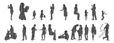 Vektör siluetleri, insanların ana hatları, Contour çizimleri, insanların siluetleri, ikon kümesi izole edilmiş, oturan insanların silueti, mimari set