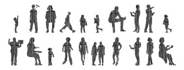 Vektör siluetleri, insanların ana hatları, Contour çizimleri, insanların siluetleri, ikon kümesi izole edilmiş, oturan insanların silueti, mimari set