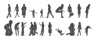 Vektör siluetleri, insanların ana hatları, Contour çizimleri, insanların siluetleri, ikon kümesi izole edilmiş, oturan insanların silueti, mimari set