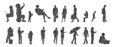 Vektör siluetleri, insanların ana hatları, Contour çizimleri, insanların siluetleri, ikon kümesi izole edilmiş, oturan insanların silueti, mimari set