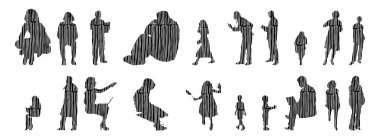 Vektör siluetleri, insanların ana hatları, Contour çizimleri, insanların siluetleri, ikon kümesi izole edilmiş, oturan insanların silueti, mimari set