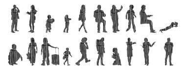 Vektör siluetleri, insanların ana hatları, Contour çizimleri, insanların siluetleri, ikon kümesi izole edilmiş, oturan insanların silueti, mimari set