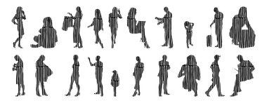 Vektör siluetleri, insanların ana hatları, Contour çizimleri, insanların siluetleri, ikon kümesi izole edilmiş, oturan insanların silueti, mimari set