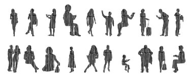 Vektör siluetleri, insanların ana hatları, Contour çizimleri, insanların siluetleri, ikon kümesi izole edilmiş, oturan insanların silueti, mimari set