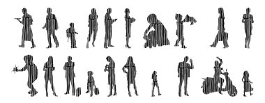 Vektör siluetleri, insanların ana hatları, Contour çizimleri, insanların siluetleri, ikon kümesi izole edilmiş, oturan insanların silueti, mimari set