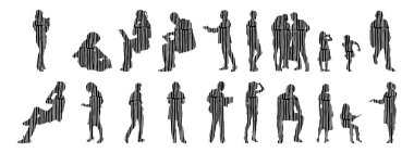 Vektör siluetleri, insanların ana hatları, Contour çizimleri, insanların siluetleri, ikon kümesi izole edilmiş, oturan insanların silueti, mimari set