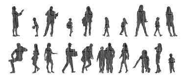 Vektör siluetleri, insanların ana hatları, Contour çizimleri, insanların siluetleri, ikon kümesi izole edilmiş, oturan insanların silueti, mimari set