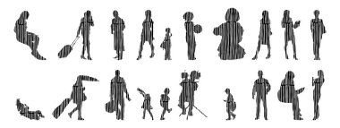 Vektör siluetleri, insanların ana hatları, Contour çizimleri, insanların siluetleri, ikon kümesi izole edilmiş, oturan insanların silueti, mimari set