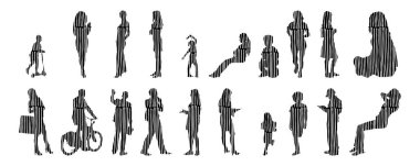 Vektör siluetleri, insanların ana hatları, Contour çizimleri, insanların siluetleri, ikon kümesi izole edilmiş, oturan insanların silueti, mimari set