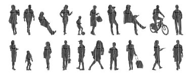 Vektör siluetleri, insanların ana hatları, Contour çizimleri, insanların siluetleri, ikon kümesi izole edilmiş, oturan insanların silueti, mimari set