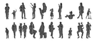 Vektör siluetleri, insanların ana hatları, Contour çizimleri, insanların siluetleri, ikon kümesi izole edilmiş, oturan insanların silueti, mimari set