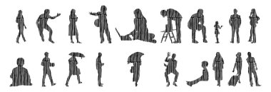 Vektör siluetleri, insanların ana hatları, Contour çizimleri, insanların siluetleri, ikon kümesi izole edilmiş, oturan insanların silueti, mimari set