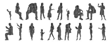 Vektör siluetleri, insanların ana hatları, Contour çizimleri, insanların siluetleri, ikon kümesi izole edilmiş, oturan insanların silueti, mimari set