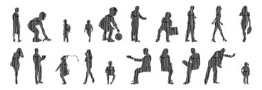 Vektör siluetleri, insanların ana hatları, Contour çizimleri, insanların siluetleri, ikon kümesi izole edilmiş, oturan insanların silueti, mimari set