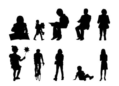 Vektör siluetleri, insanların ana hatları, Contour çizimleri, insanların siluetleri, ikon kümesi izole edilmiş, oturan insanların silueti, mimari set