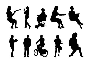 Vektör siluetleri, insanların ana hatları, Contour çizimleri, insanların siluetleri, ikon kümesi izole edilmiş, oturan insanların silueti, mimari set