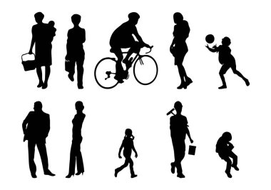 Vektör siluetleri, insanların ana hatları, Contour çizimleri, insanların siluetleri, ikon kümesi izole edilmiş, oturan insanların silueti, mimari set