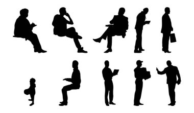 Vektör siluetleri, insanların ana hatları, Contour çizimleri, insanların siluetleri, ikon kümesi izole edilmiş, oturan insanların silueti, mimari set