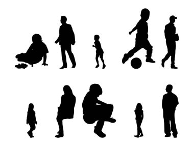 Vektör siluetleri, insanların ana hatları, Contour çizimleri, insanların siluetleri, ikon kümesi izole edilmiş, oturan insanların silueti, mimari set