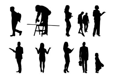 Vektör siluetleri, insanların ana hatları, Contour çizimleri, insanların siluetleri, ikon kümesi izole edilmiş, oturan insanların silueti, mimari set