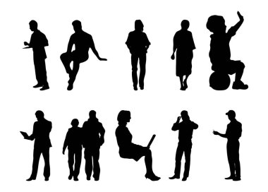 Vektör siluetleri, insanların ana hatları, Contour çizimleri, insanların siluetleri, ikon kümesi izole edilmiş, oturan insanların silueti, mimari set
