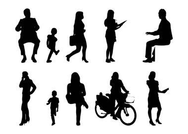Vektör siluetleri, insanların ana hatları, Contour çizimleri, insanların siluetleri, ikon kümesi izole edilmiş, oturan insanların silueti, mimari set