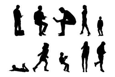 Vektör siluetleri, insanların ana hatları, Contour çizimleri, insanların siluetleri, ikon kümesi izole edilmiş, oturan insanların silueti, mimari set
