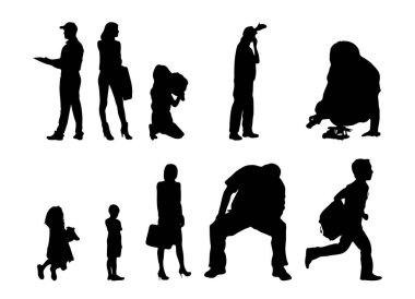 Vektör siluetleri, insanların ana hatları, Contour çizimleri, insanların siluetleri, ikon kümesi izole edilmiş, oturan insanların silueti, mimari set